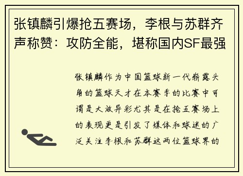 张镇麟引爆抢五赛场，李根与苏群齐声称赞：攻防全能，堪称国内SF最强