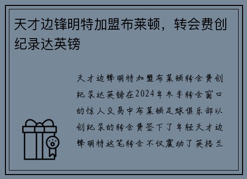 天才边锋明特加盟布莱顿，转会费创纪录达英镑