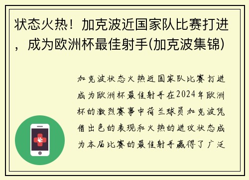 状态火热！加克波近国家队比赛打进，成为欧洲杯最佳射手(加克波集锦)