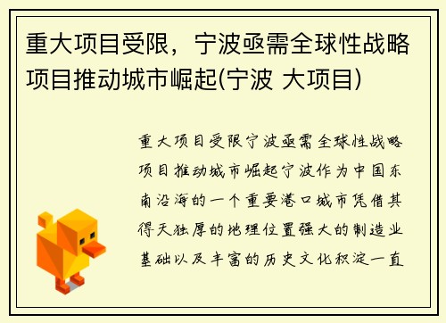 重大项目受限，宁波亟需全球性战略项目推动城市崛起(宁波 大项目)