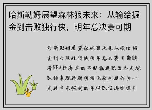 哈斯勒姆展望森林狼未来：从输给掘金到击败独行侠，明年总决赛可期