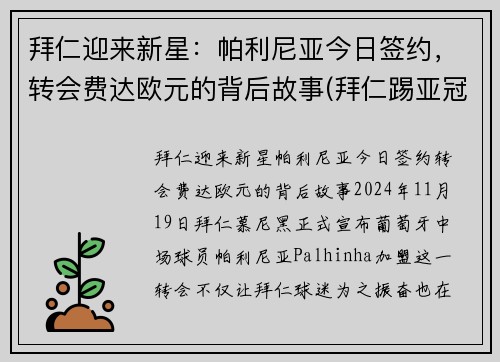 拜仁迎来新星：帕利尼亚今日签约，转会费达欧元的背后故事(拜仁踢亚冠)