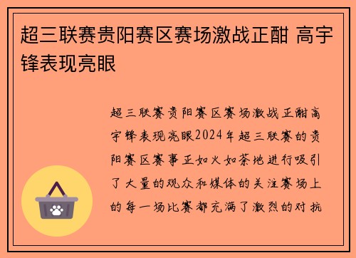 超三联赛贵阳赛区赛场激战正酣 高宇锋表现亮眼